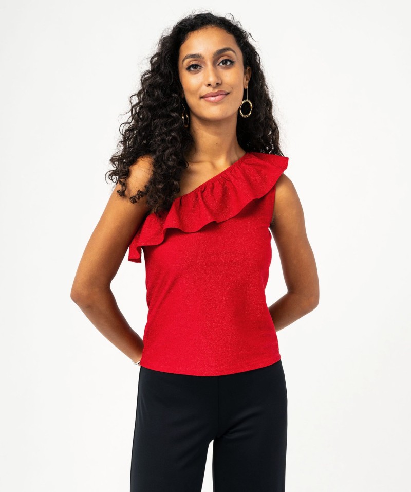 Tee-shirt asymétrique à volant et paillettes femme